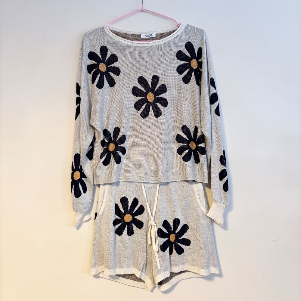 Ekouaer Knit Matching Pajama Lounge Set Long Sleeve Top Shorts Cream Floral S - Picture 2 of 5